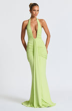 Lime Green Slinky Maxi Dress – Elegant Train Evening Gown | Meave & Ivy