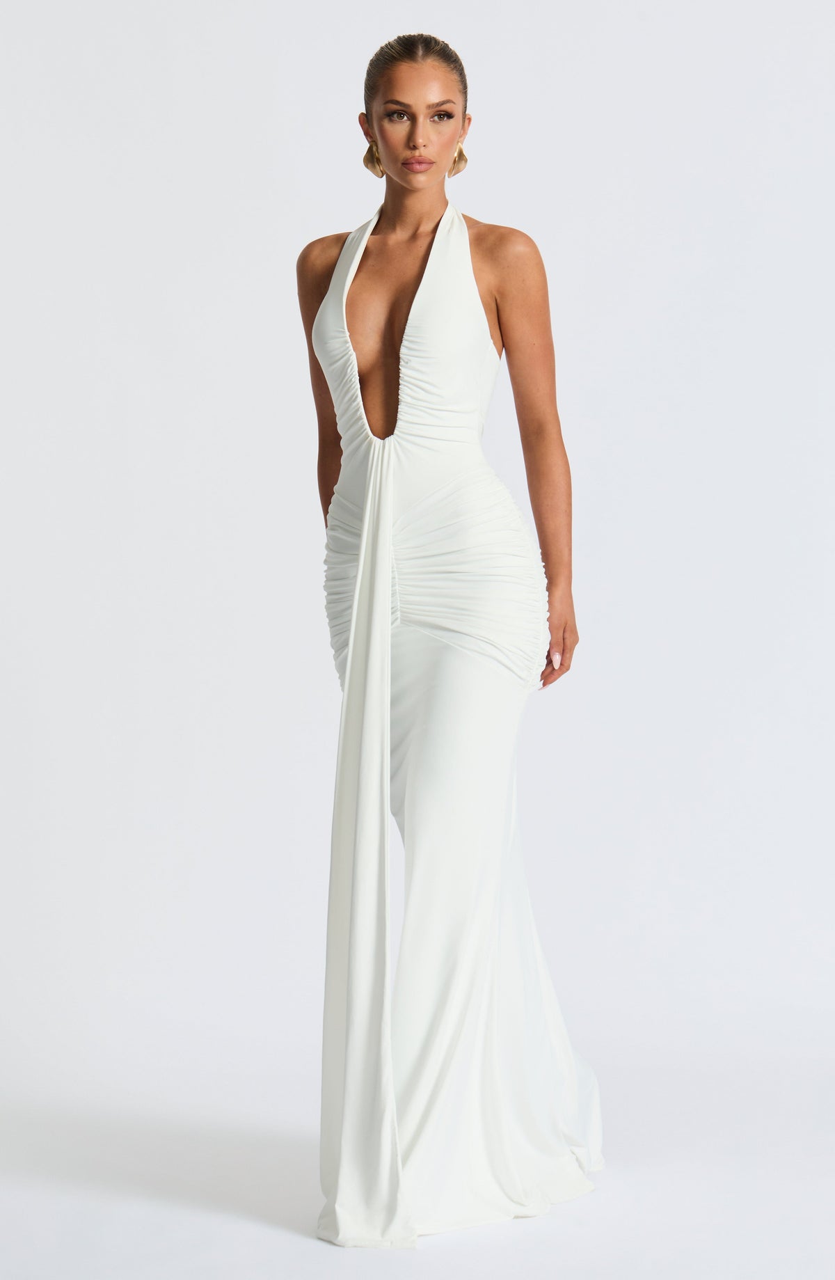 White Slinky Maxi Dress – Bridal Train Evening Gown | Meave & Ivy