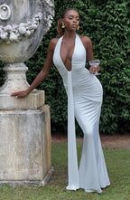 White Slinky Maxi Dress – Bridal Train Evening Gown | Meave & Ivy