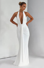 White Slinky Maxi Dress – Bridal Train Evening Gown | Meave & Ivy