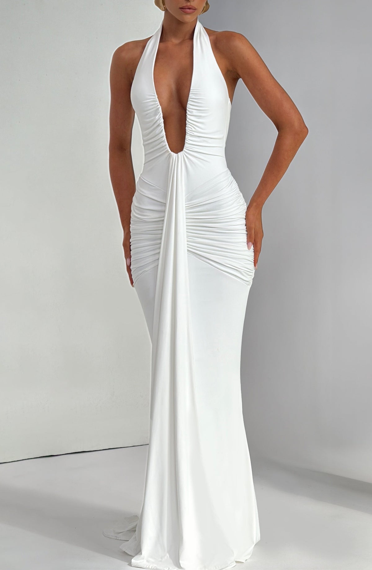 White Slinky Maxi Dress – Bridal Train Evening Gown | Meave & Ivy