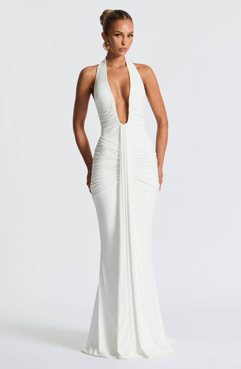 White Slinky Maxi Dress – Bridal Train Evening Gown | Meave & Ivy