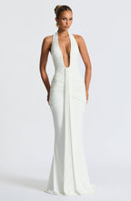 White Slinky Maxi Dress – Bridal Train Evening Gown | Meave & Ivy