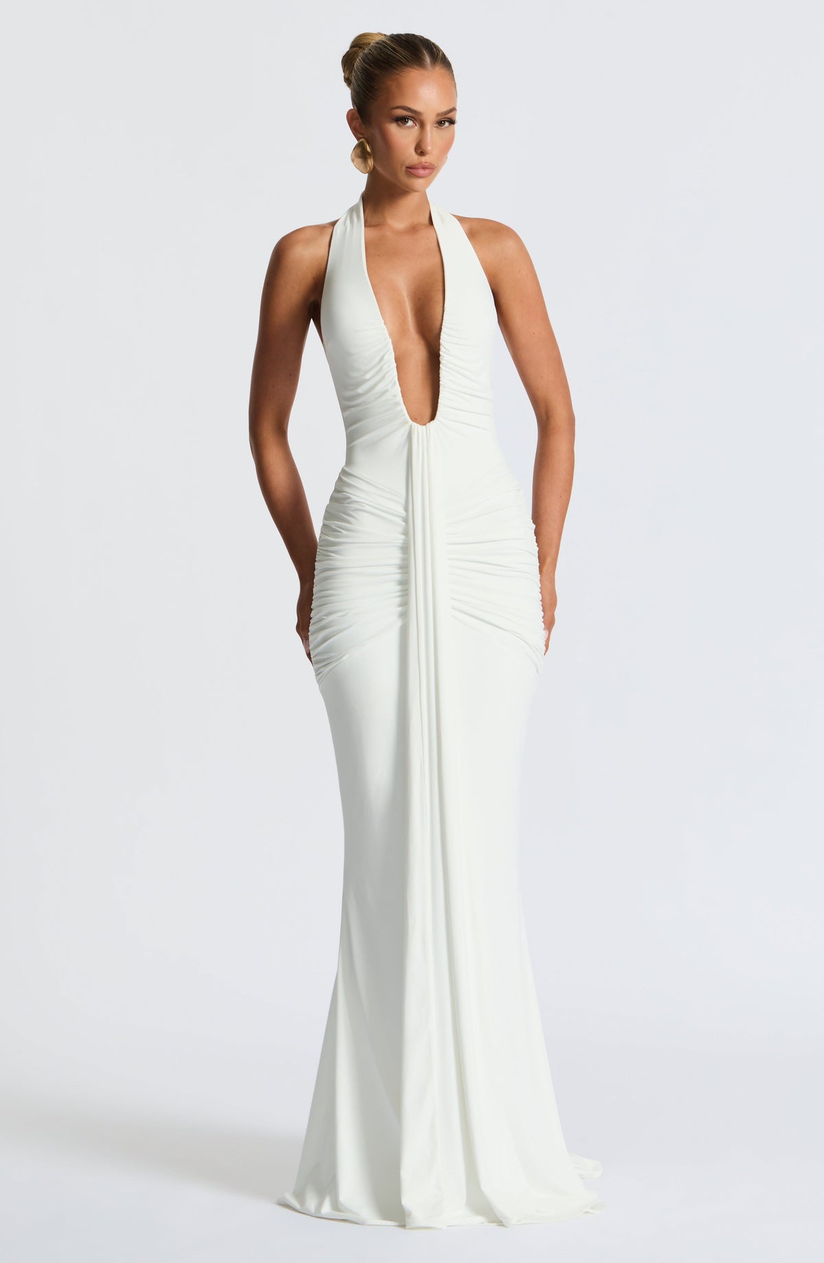 White Slinky Maxi Dress – Bridal Train Evening Gown | Meave & Ivy