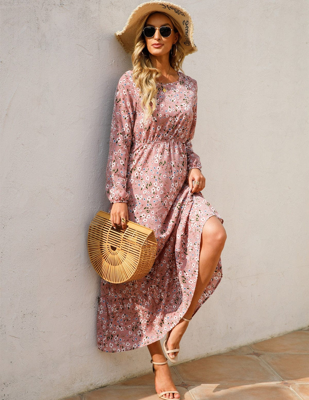Pink Floral Long Sleeve Maxi Dress – Women's Summer Beach & Holiday Dress | Meave & Ivy