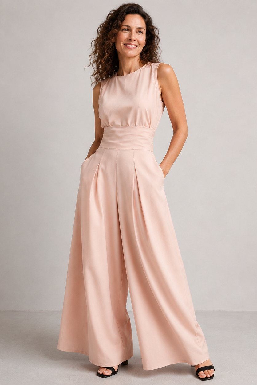 Olive Green Linen-Look Wide Leg Jumpsuit – Women's High Neck Summer Jumpsuit