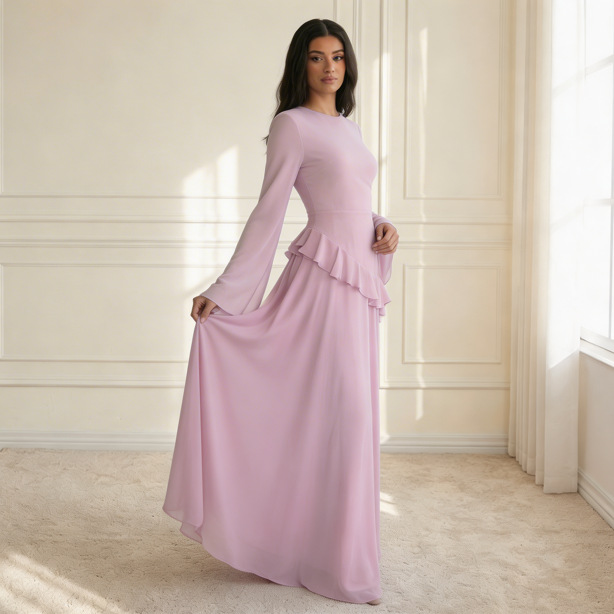 Ruffle Maxi Dress with Flare Sleeves – Women's Elegant Occasion Dress