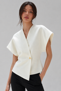 Wrap-Front Peplum Top with Gold Button – Cap Sleeve