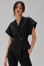 Wrap-Front Peplum Top with Gold Button – Cap Sleeve