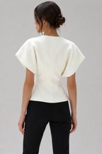 Wrap-Front Peplum Top with Gold Button – Cap Sleeve