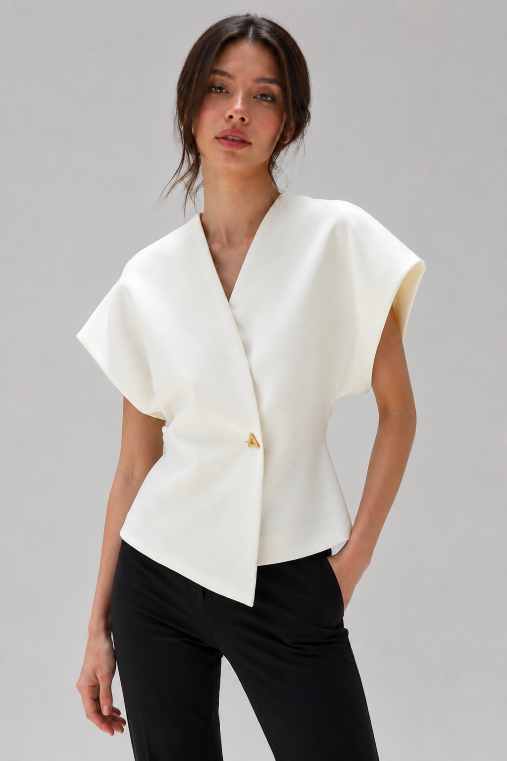 Wrap-Front Peplum Top with Gold Button – Cap Sleeve