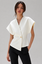 Wrap-Front Peplum Top with Gold Button – Cap Sleeve