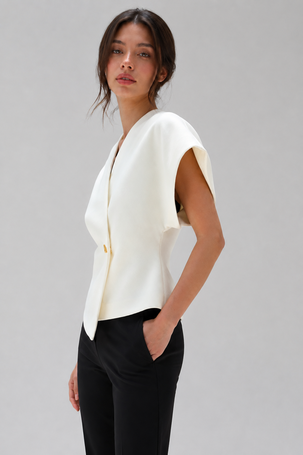 Wrap-Front Peplum Top with Gold Button – Cap Sleeve