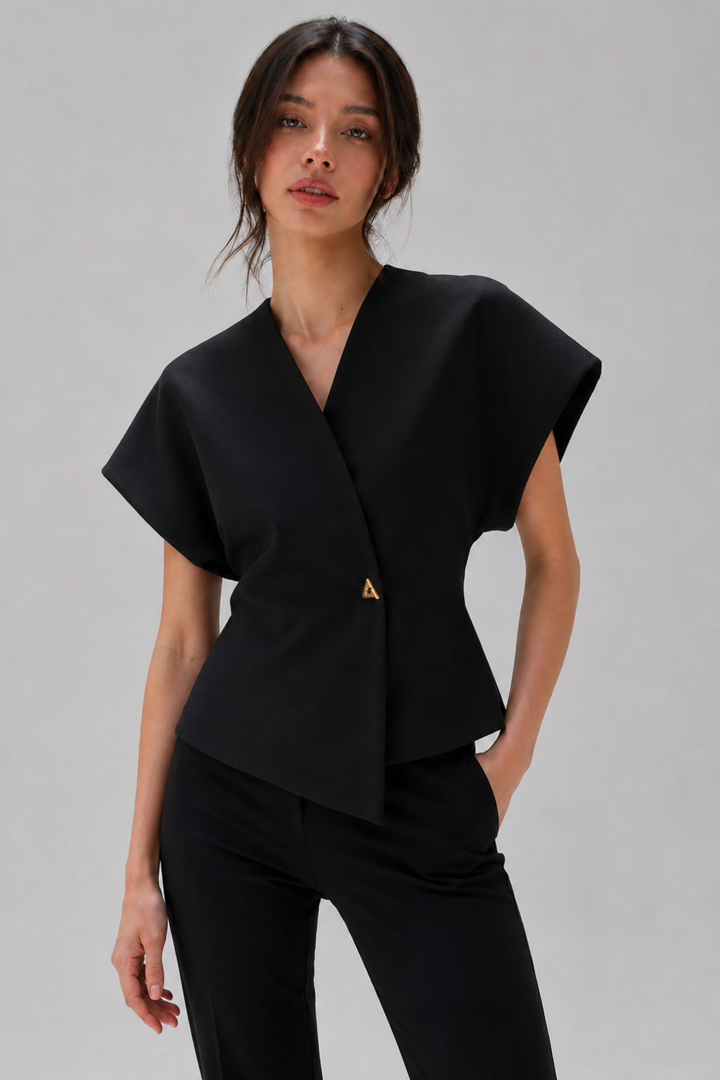 Wrap-Front Peplum Top with Gold Button – Cap Sleeve