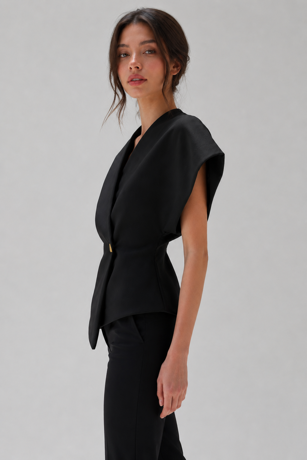 Wrap-Front Peplum Top with Gold Button – Cap Sleeve