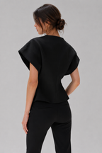 Wrap-Front Peplum Top with Gold Button – Cap Sleeve