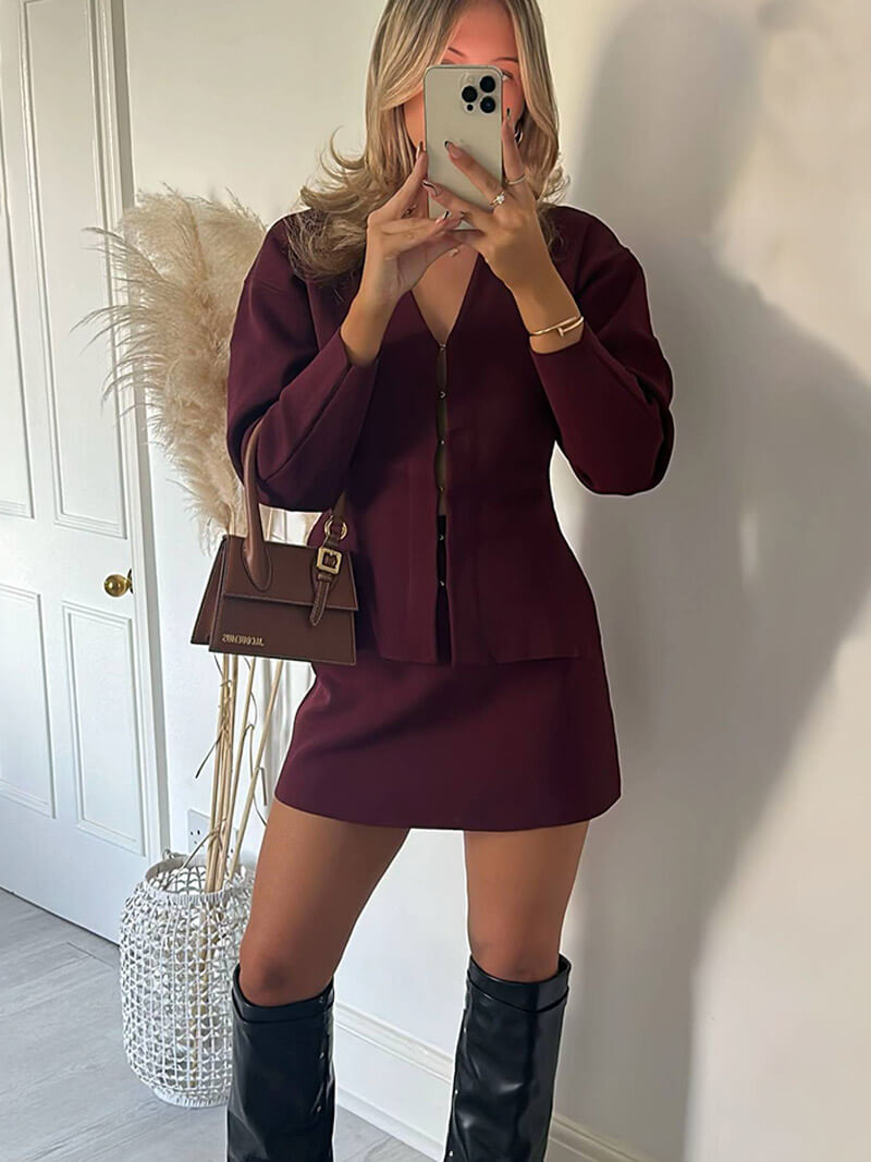 Women's Button-Front Peplum Blazer and A-Line Mini Skirt Set