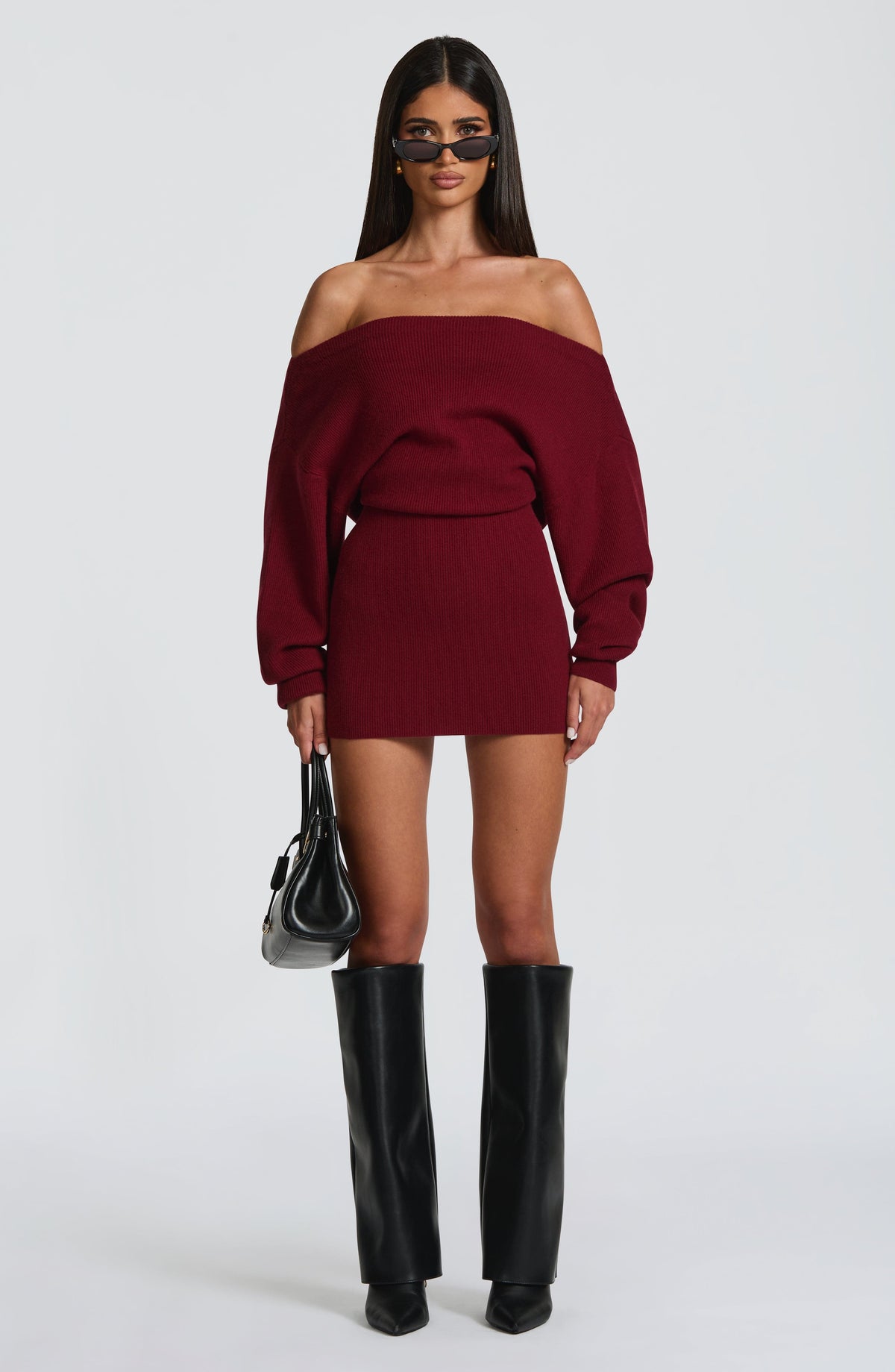 Burgundy Bardot Knit Mini Dress – Elegant Bodycon Dress | Meave & Ivy