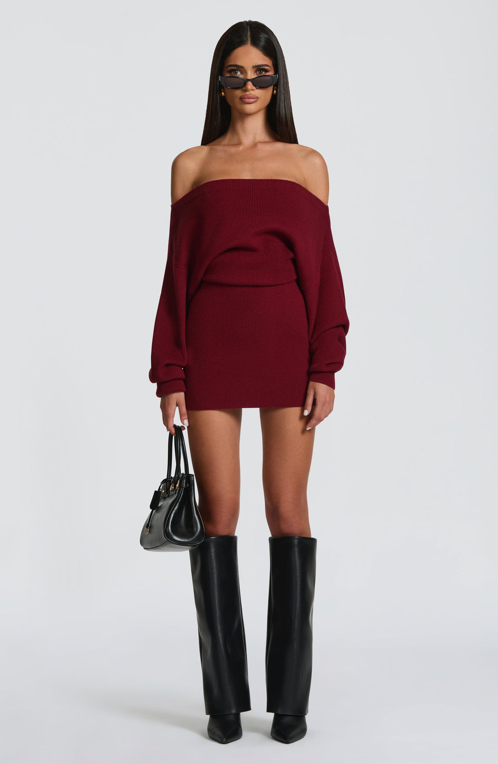 Burgundy Bardot Knit Mini Dress – Elegant Bodycon Dress | Meave & Ivy