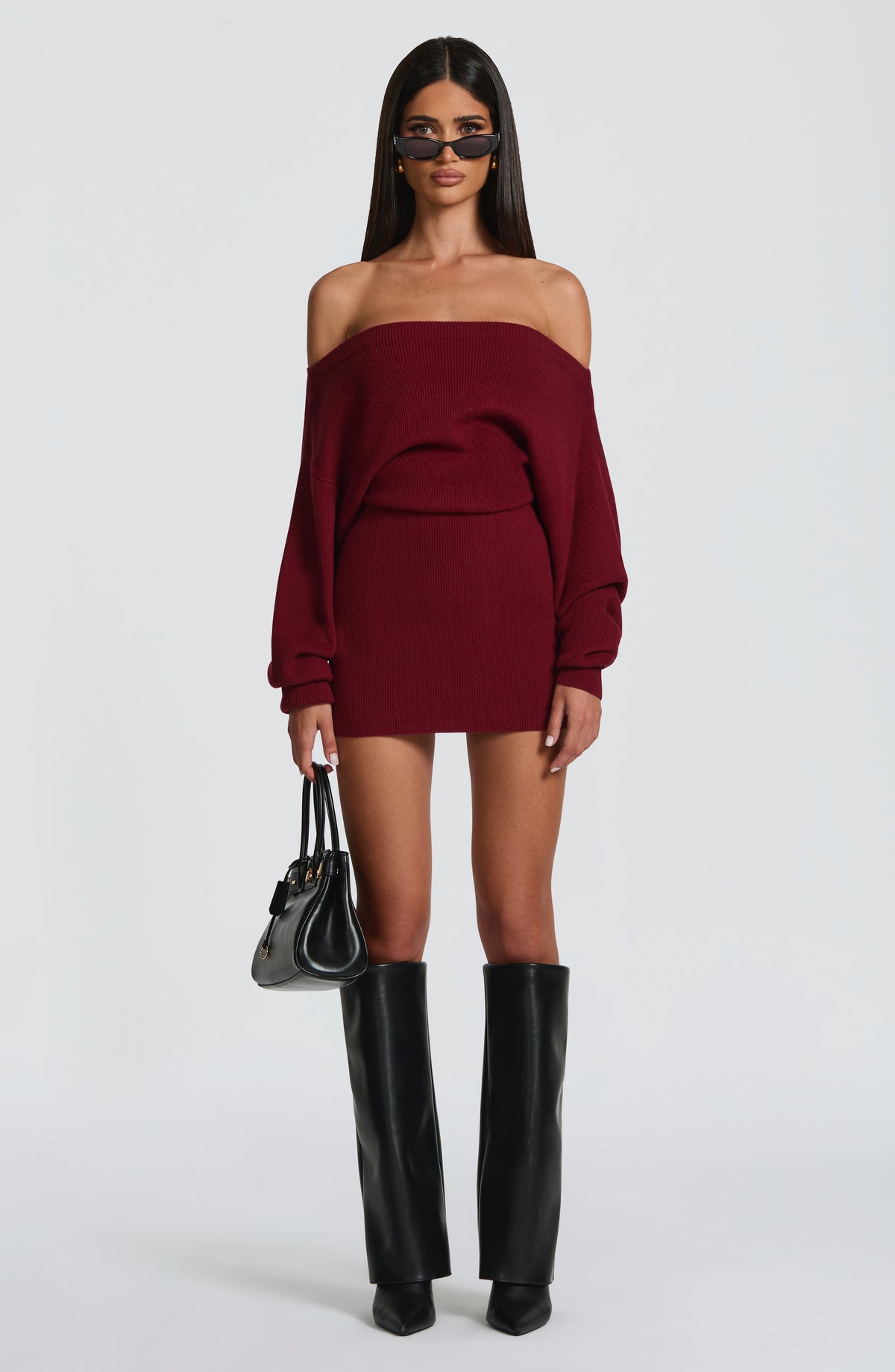 Burgundy Bardot Knit Mini Dress – Elegant Bodycon Dress | Meave & Ivy