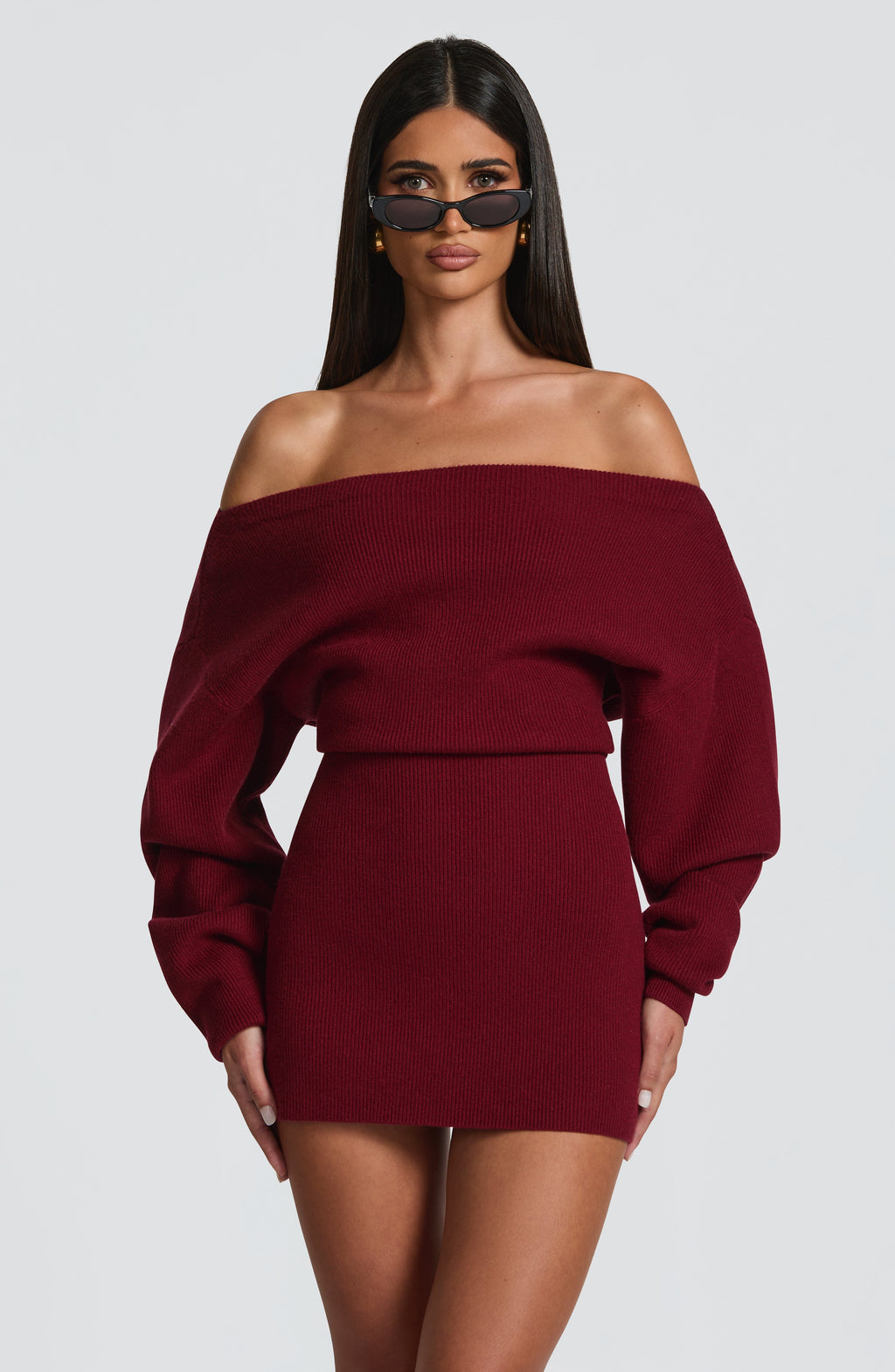 Burgundy Bardot Knit Mini Dress – Elegant Bodycon Dress | Meave & Ivy