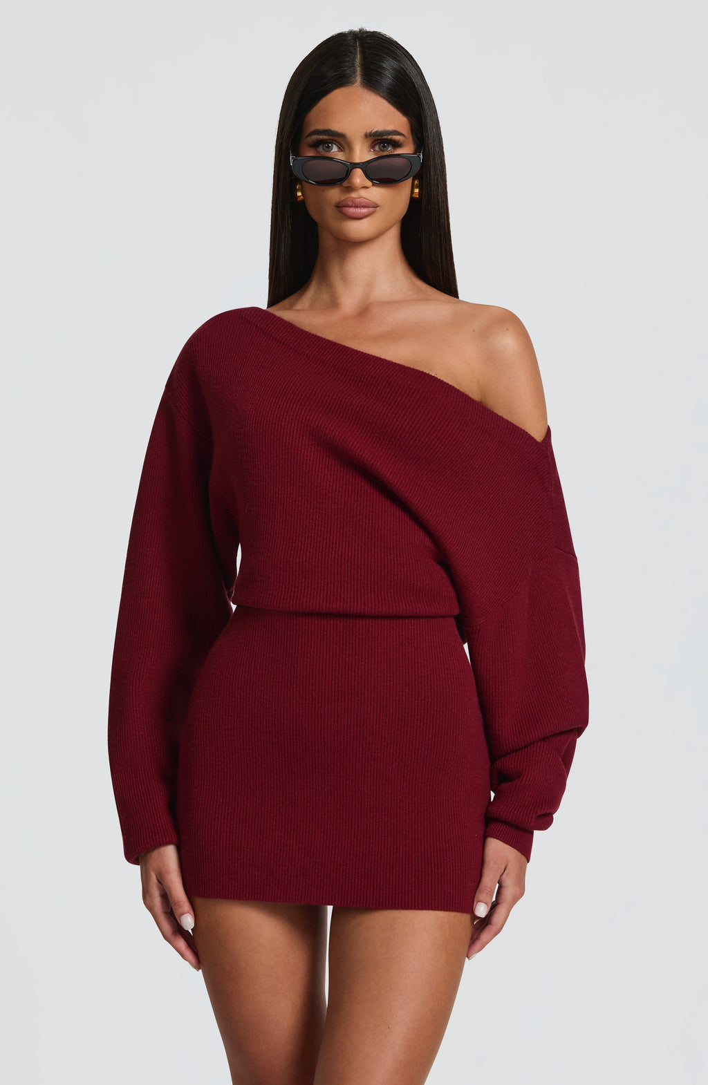 Burgundy Bardot Knit Mini Dress – Elegant Bodycon Dress | Meave & Ivy