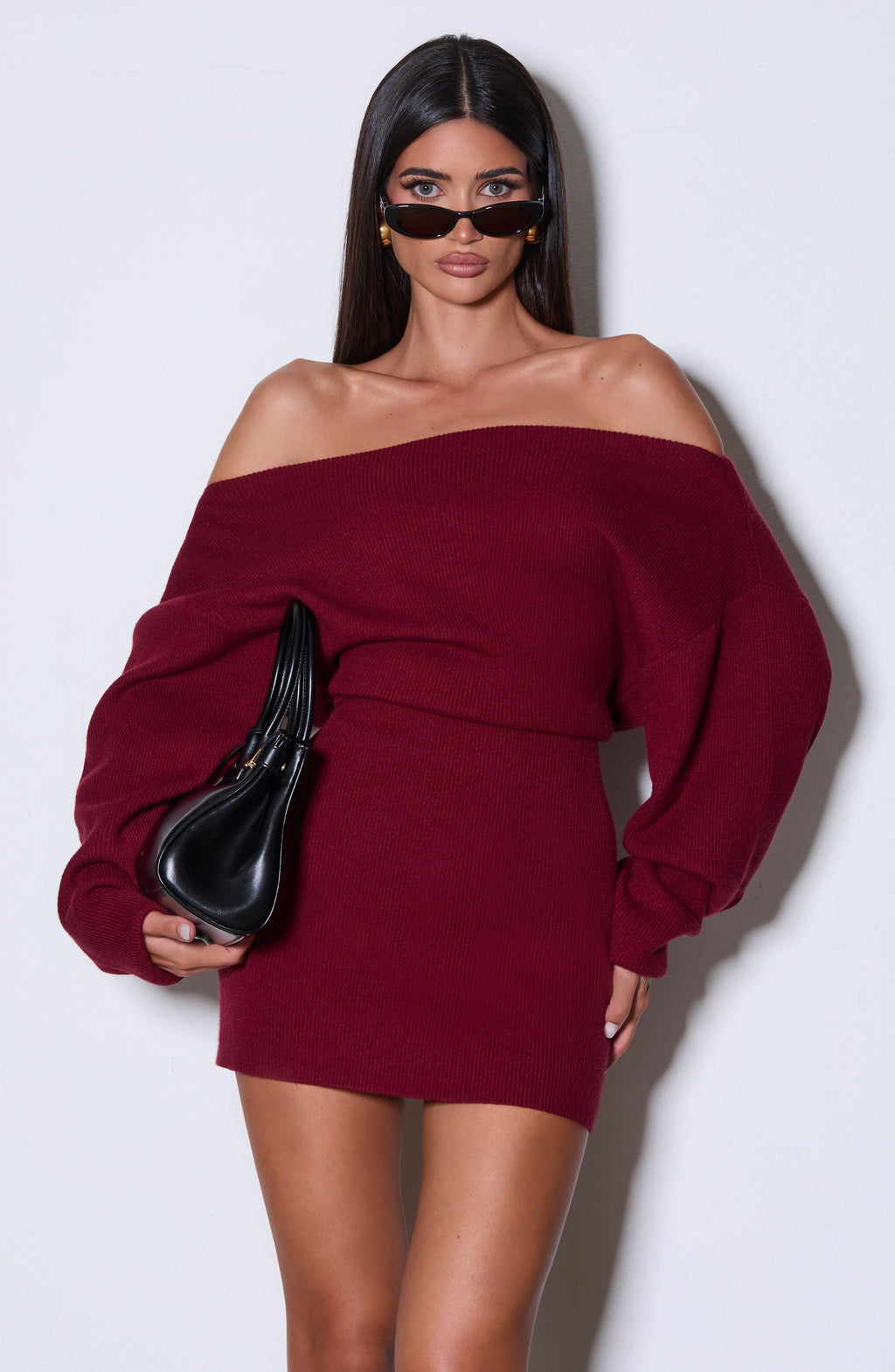 Burgundy Bardot Knit Mini Dress – Elegant Bodycon Dress | Meave & Ivy