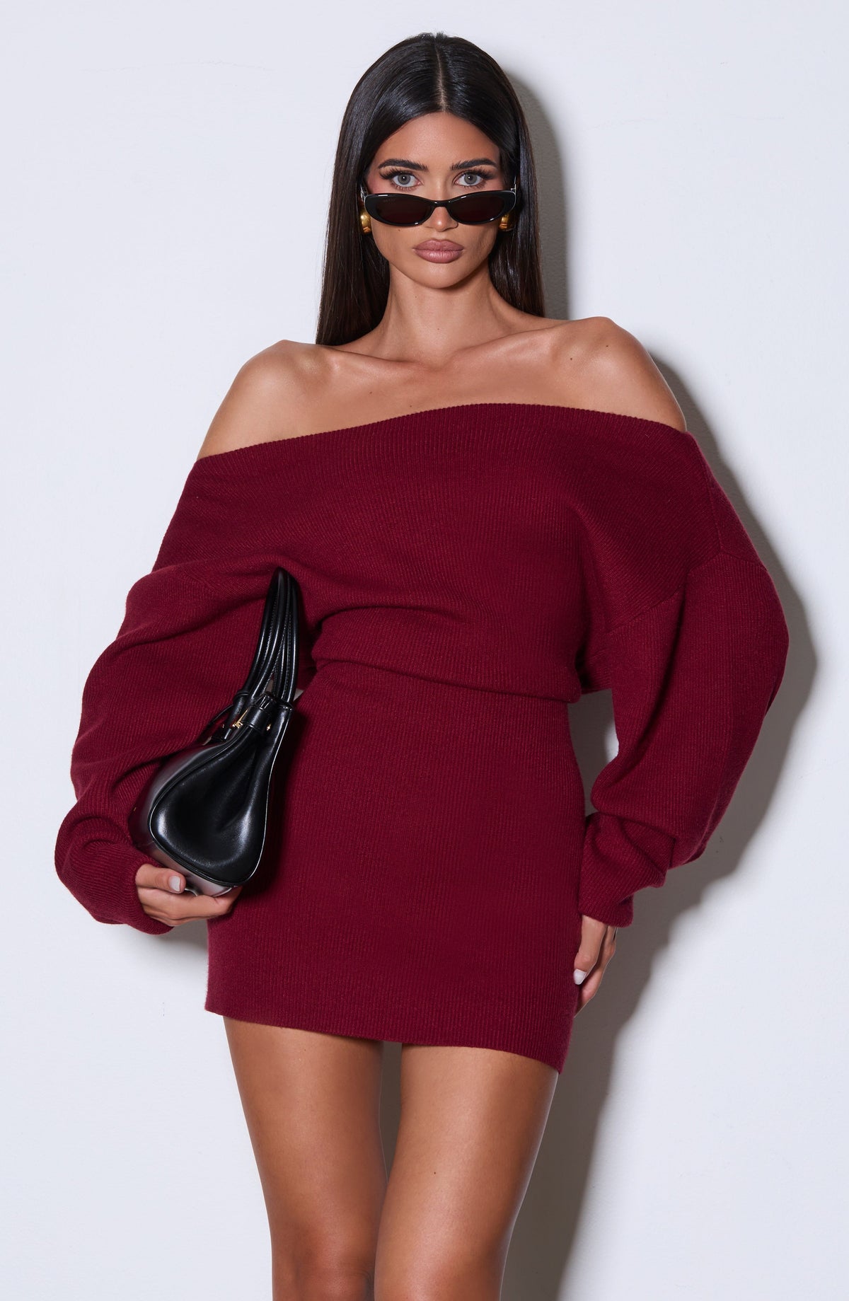 Burgundy Bardot Knit Mini Dress – Elegant Bodycon Dress | Meave & Ivy