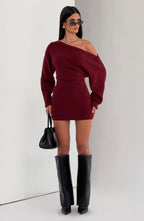 Burgundy Bardot Knit Mini Dress – Elegant Bodycon Dress | Meave & Ivy