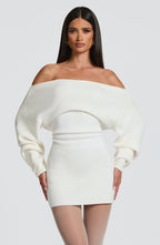 Ivory Bardot Knit Mini Dress – Elegant Bodycon Dress | Meave & Ivy
