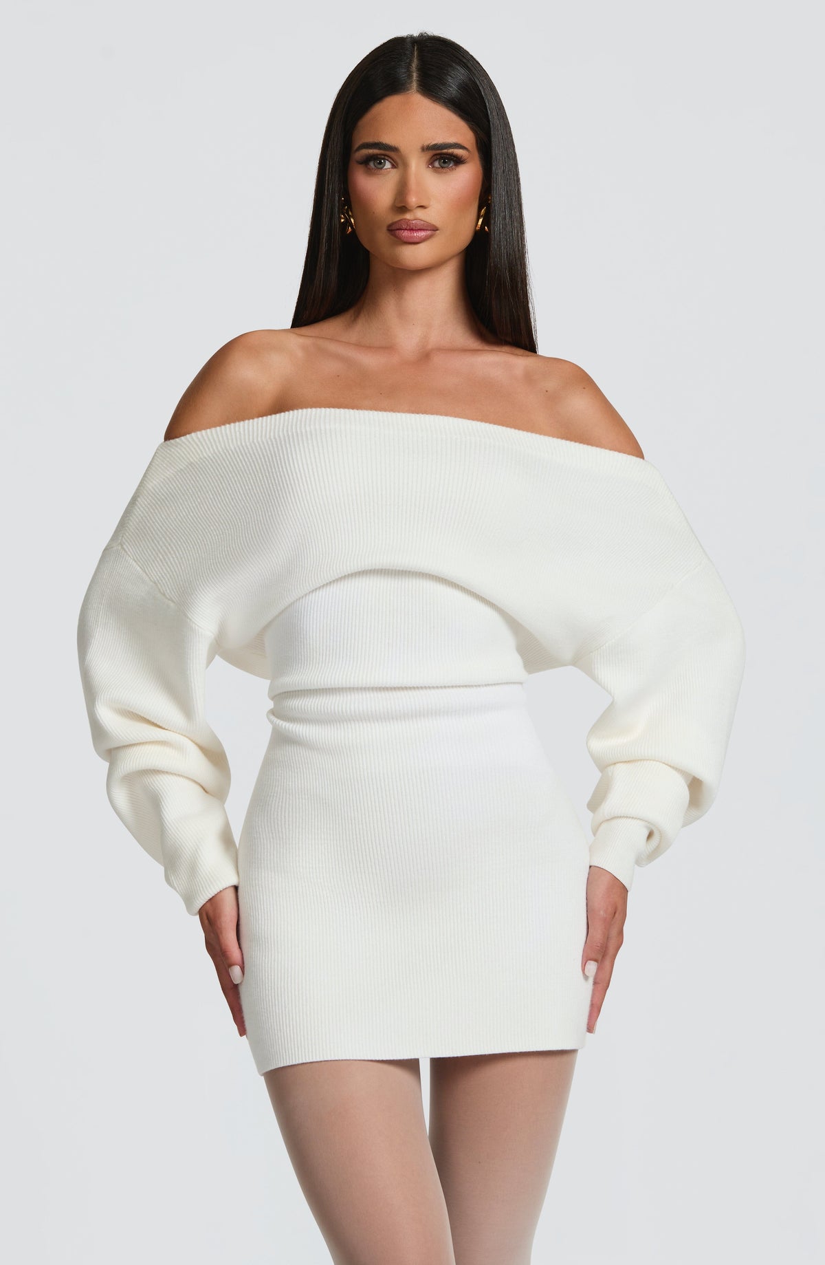 Ivory Bardot Knit Mini Dress – Elegant Bodycon Dress | Meave & Ivy