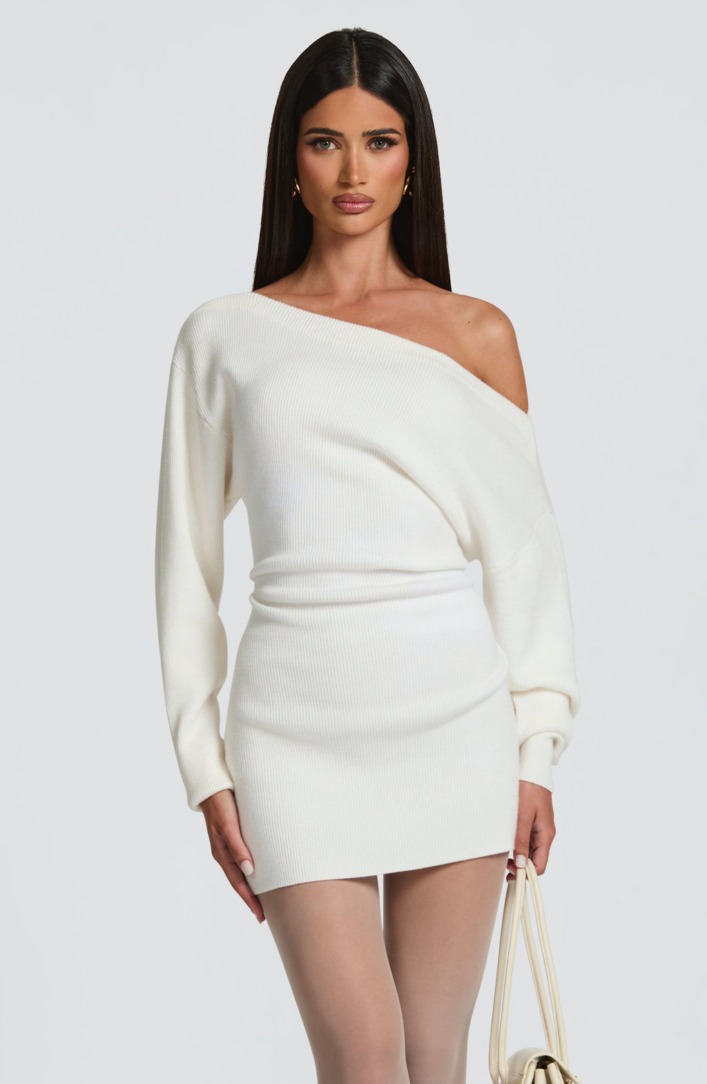 Ivory Bardot Knit Mini Dress – Elegant Bodycon Dress | Meave & Ivy