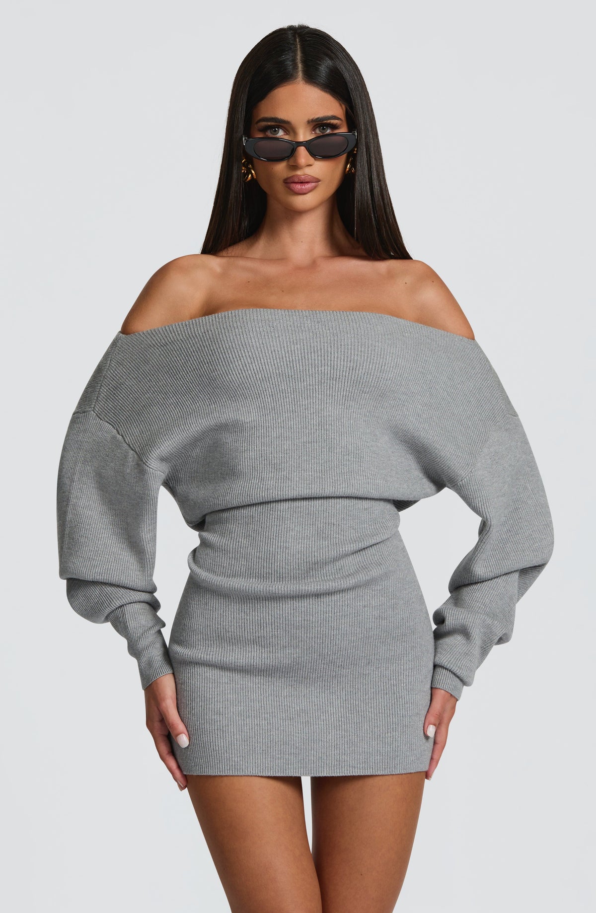 Grey Bardot Knit Mini Dress – Elegant Bodycon Dress | Meave & Ivy
