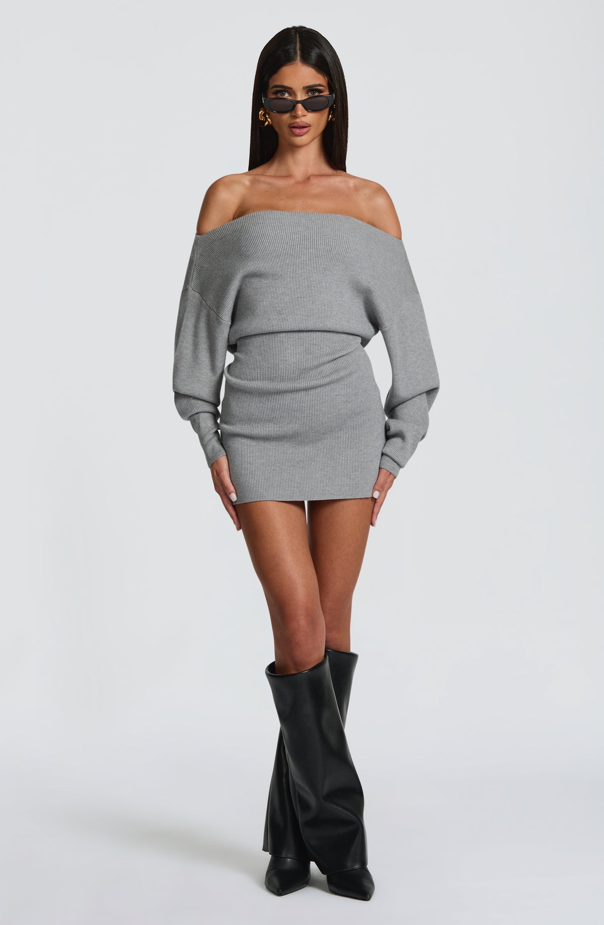 Grey Bardot Knit Mini Dress – Elegant Bodycon Dress | Meave & Ivy
