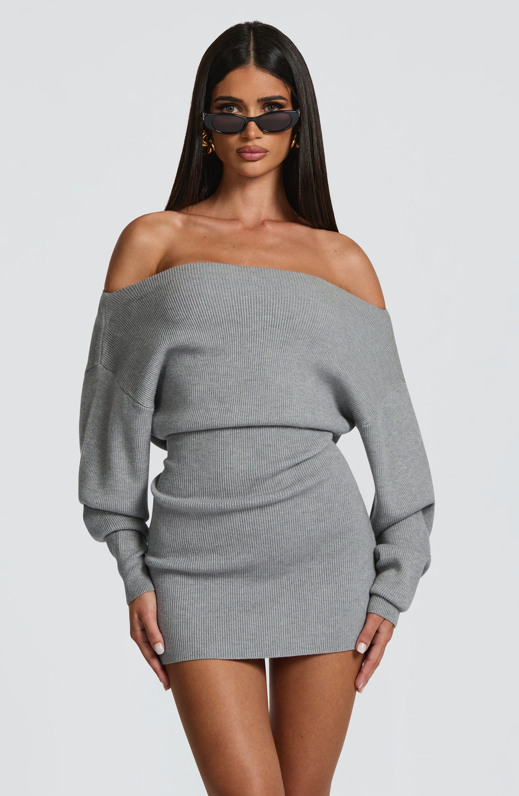 Grey Bardot Knit Mini Dress – Elegant Bodycon Dress | Meave & Ivy