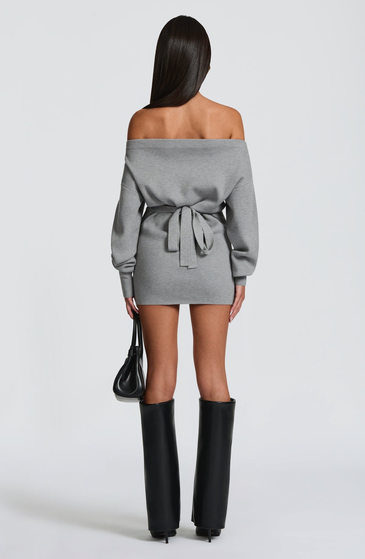 Grey Bardot Knit Mini Dress – Elegant Bodycon Dress | Meave & Ivy