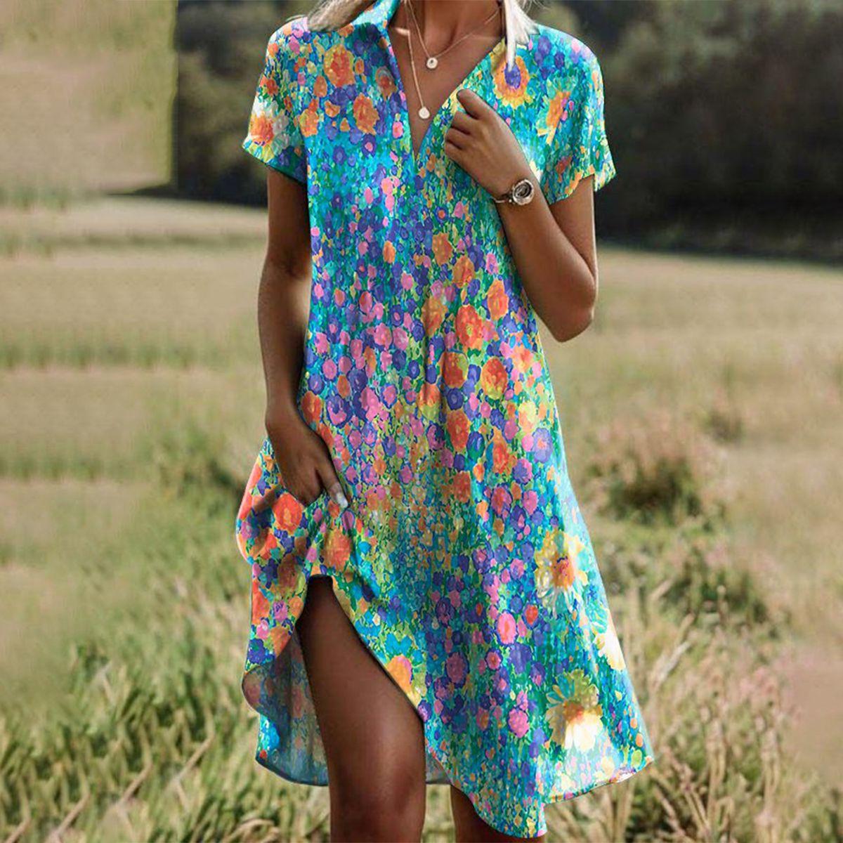 Boho Floral Print Short-Sleeve Summer Dress