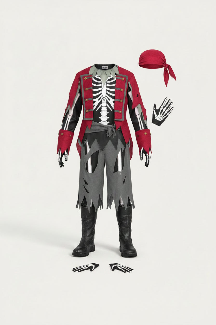 Kids' Skeleton Pirate Costume with Bone-Print Top, Vest, Trousers and Bandana