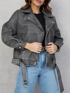 Women's Distressed Leather-Look Biker Jacket with Asymmetric Zip