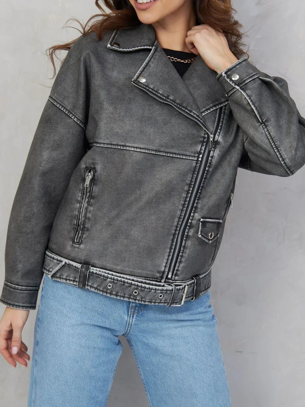 Women's Distressed Leather-Look Biker Jacket with Asymmetric Zip