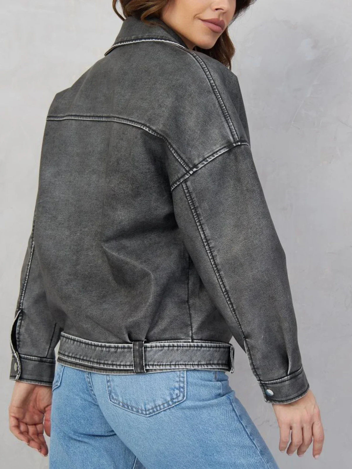Women's Distressed Leather-Look Biker Jacket with Asymmetric Zip