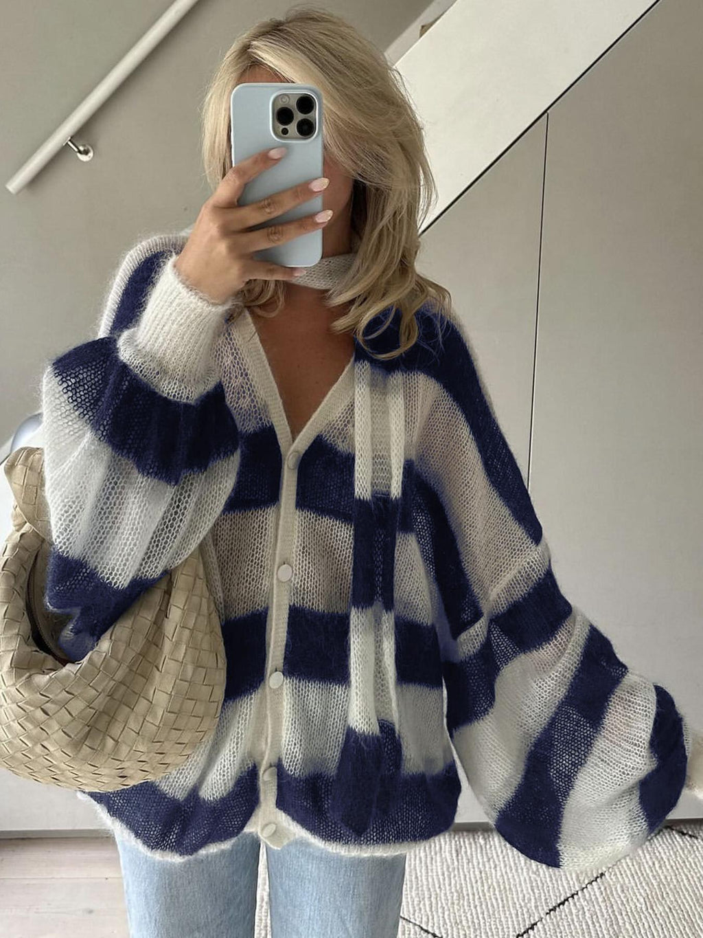 Navy Loose Striped Cardigan – Women's Everyday Cardigan