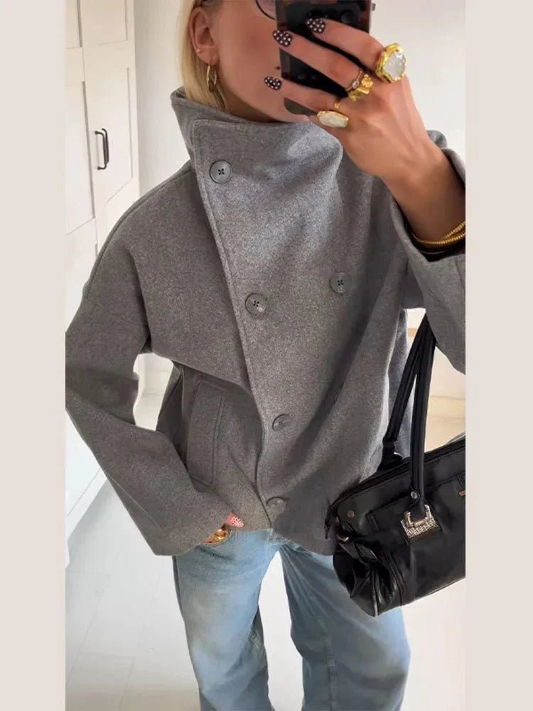 Double Breasted Jacket with Stand Collar – Relaxed Fit Short Coat