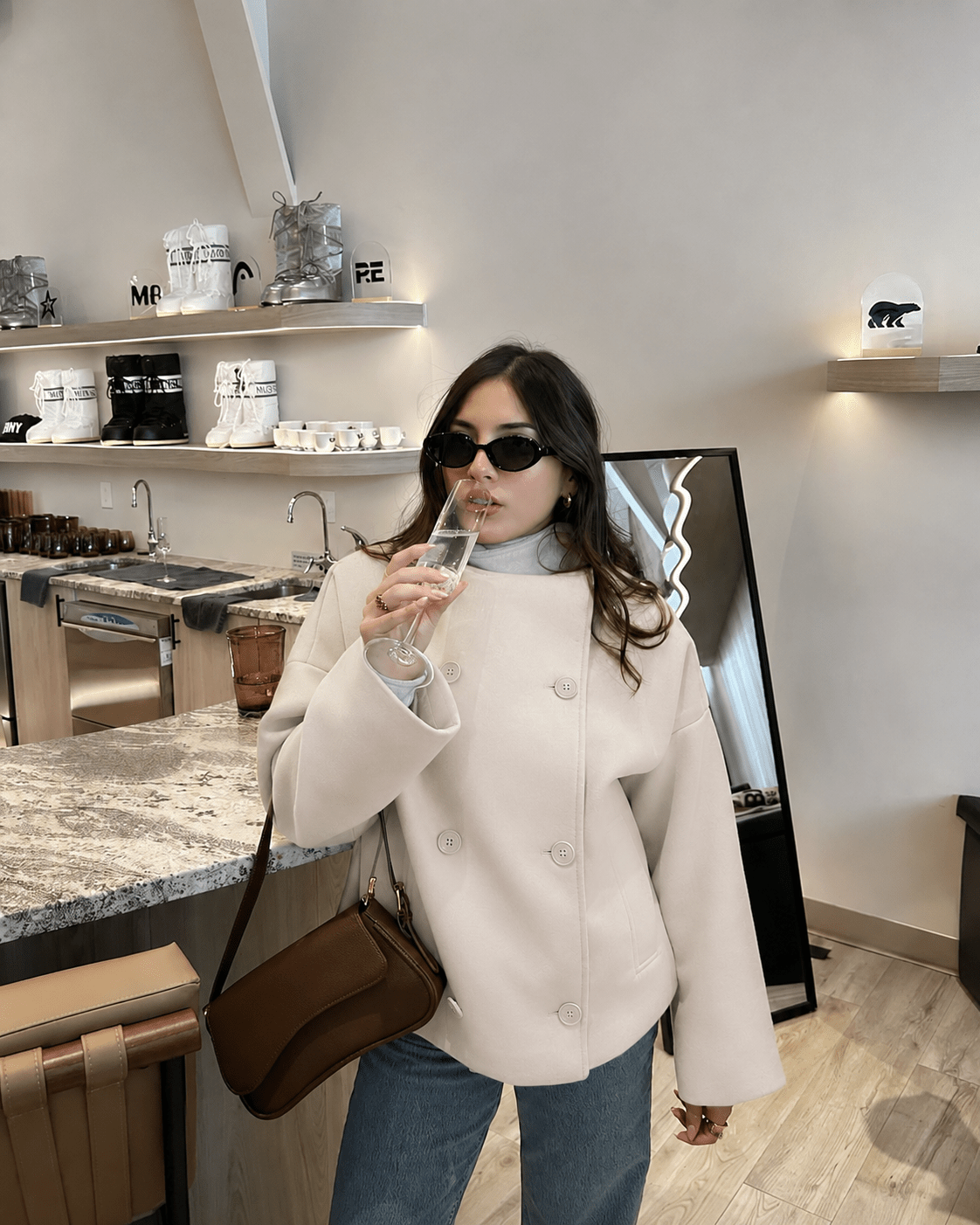 Double Breasted Jacket with Stand Collar – Relaxed Fit Short Coat