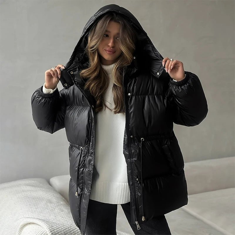 Drawstring Hooded Puffer Coat – Adjustable Waist Winter Coat