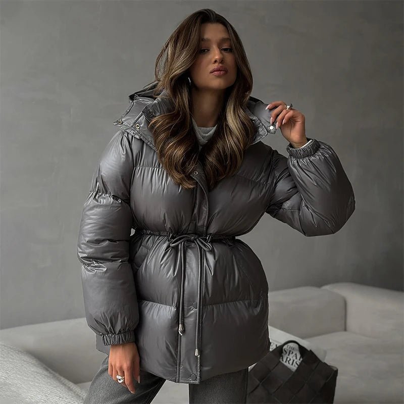 Drawstring Hooded Puffer Coat – Adjustable Waist Winter Coat