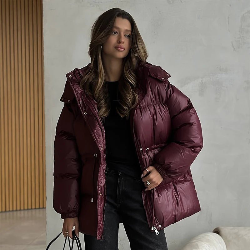Drawstring Hooded Puffer Coat – Adjustable Waist Winter Coat