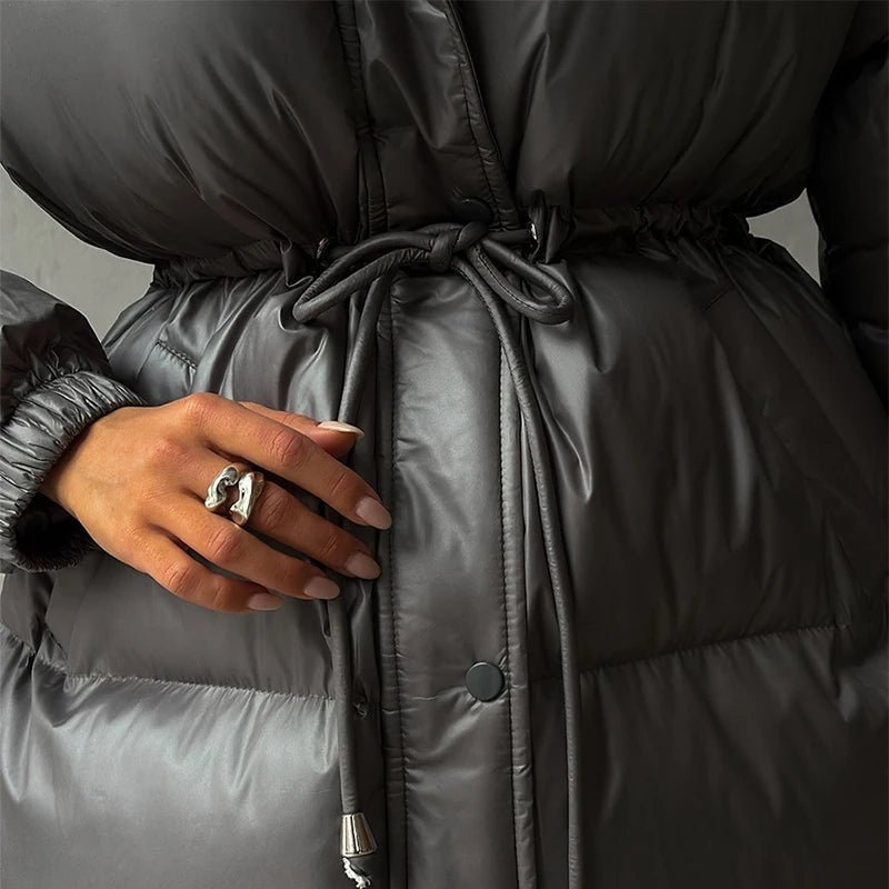 Drawstring Hooded Puffer Coat – Adjustable Waist Winter Coat