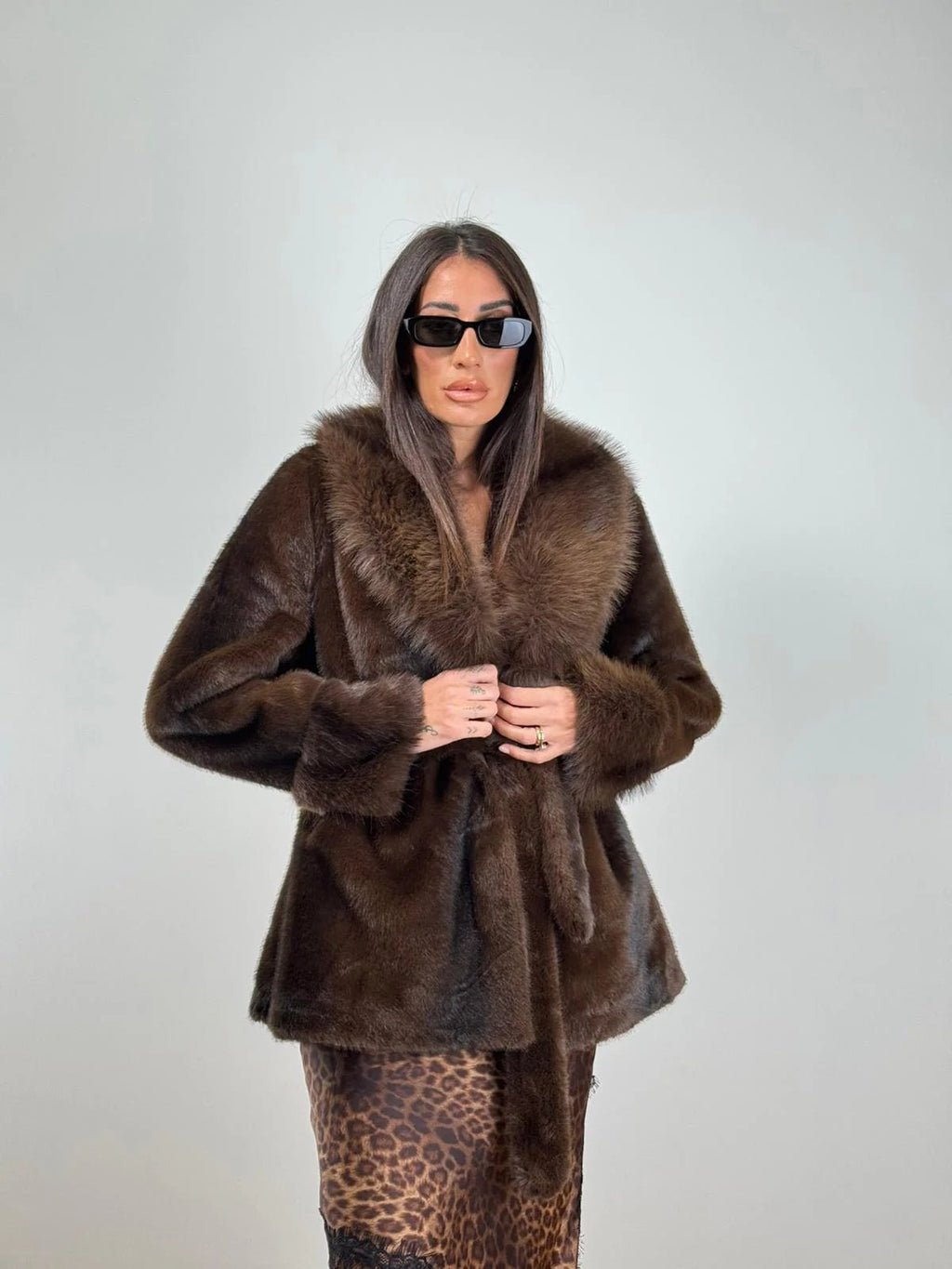Elegant Coat with Faux Fur Trim – Tie Front Statement Coat