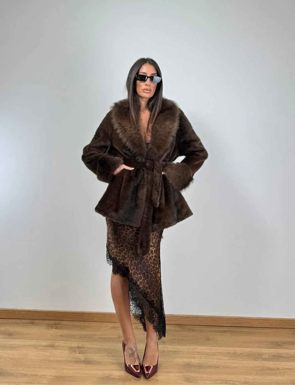 Elegant Coat with Faux Fur Trim – Tie Front Statement Coat